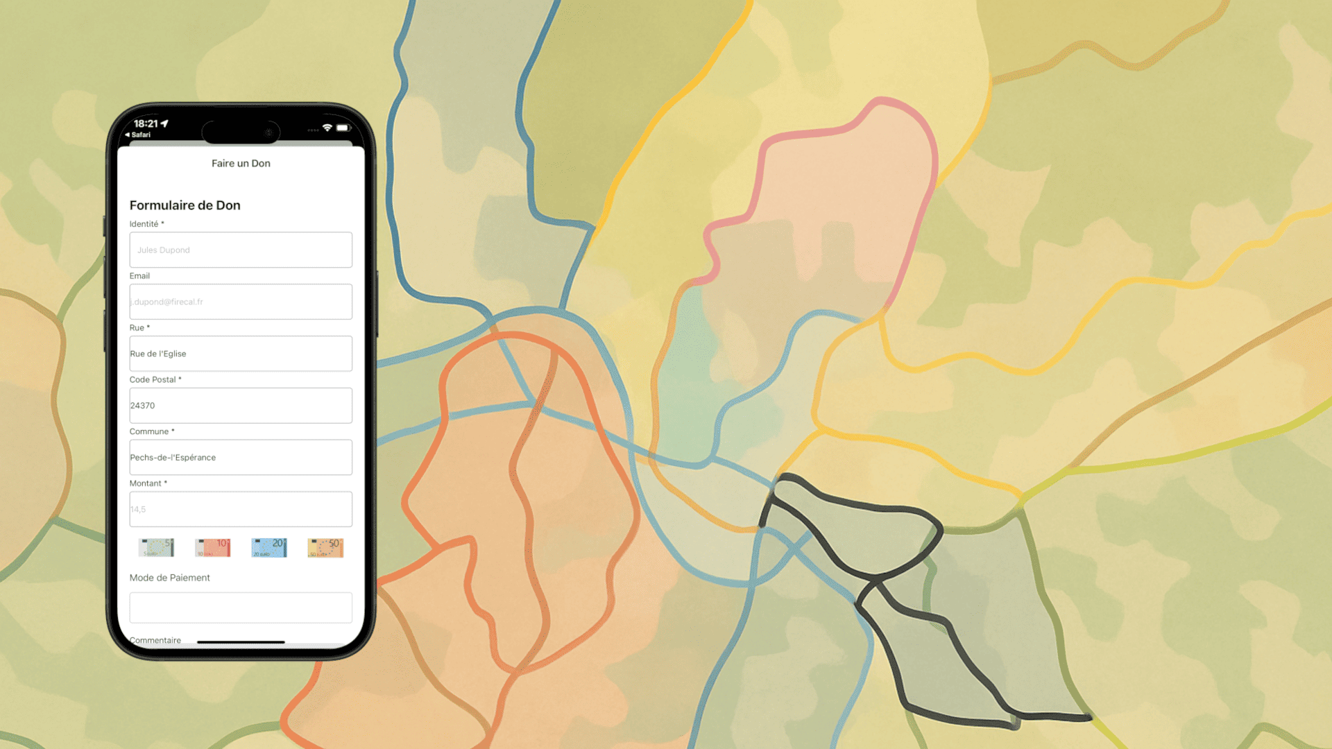  Interface mobile de FireCal affichant le formulaire de don, avec un découpage des secteurs de calendrier en arrière-plan.